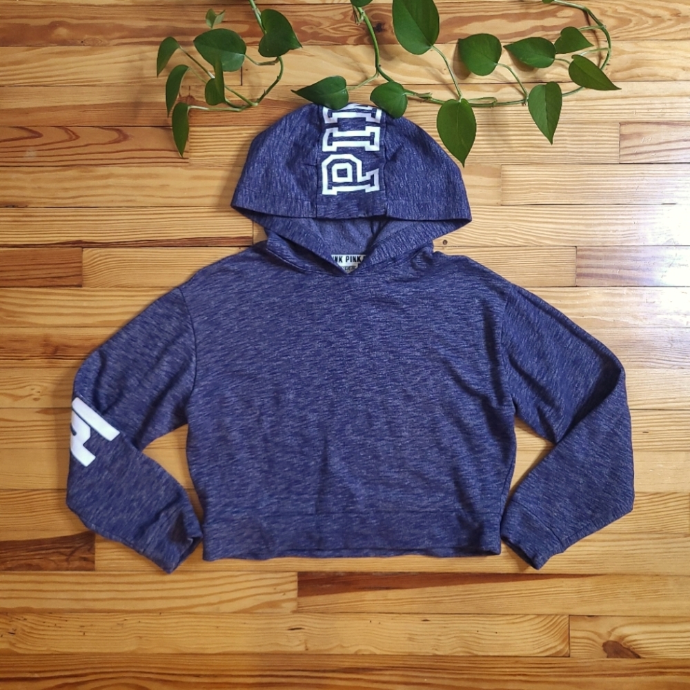PINK Blue Cropped White Logo Hooded Long-Sleeve Sweatshirt - size extra small